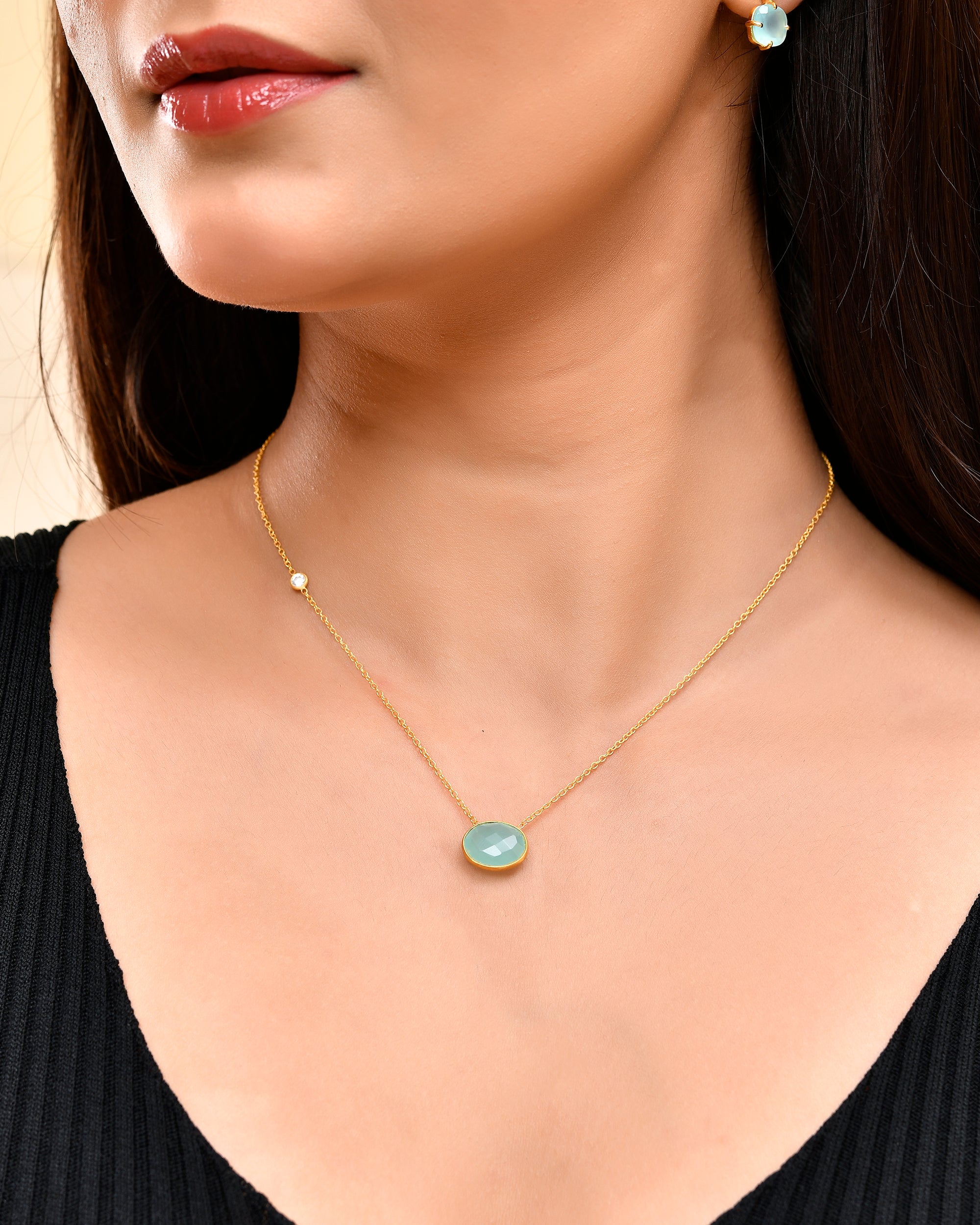 Aqua Chalcedony Oval Pendant with White Topaz