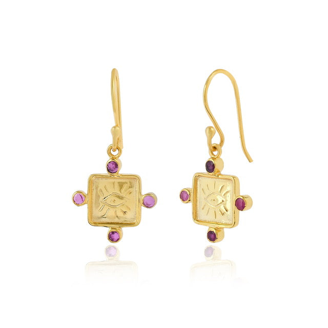 Square embellished gold square with a Garnet on each side. French Hook