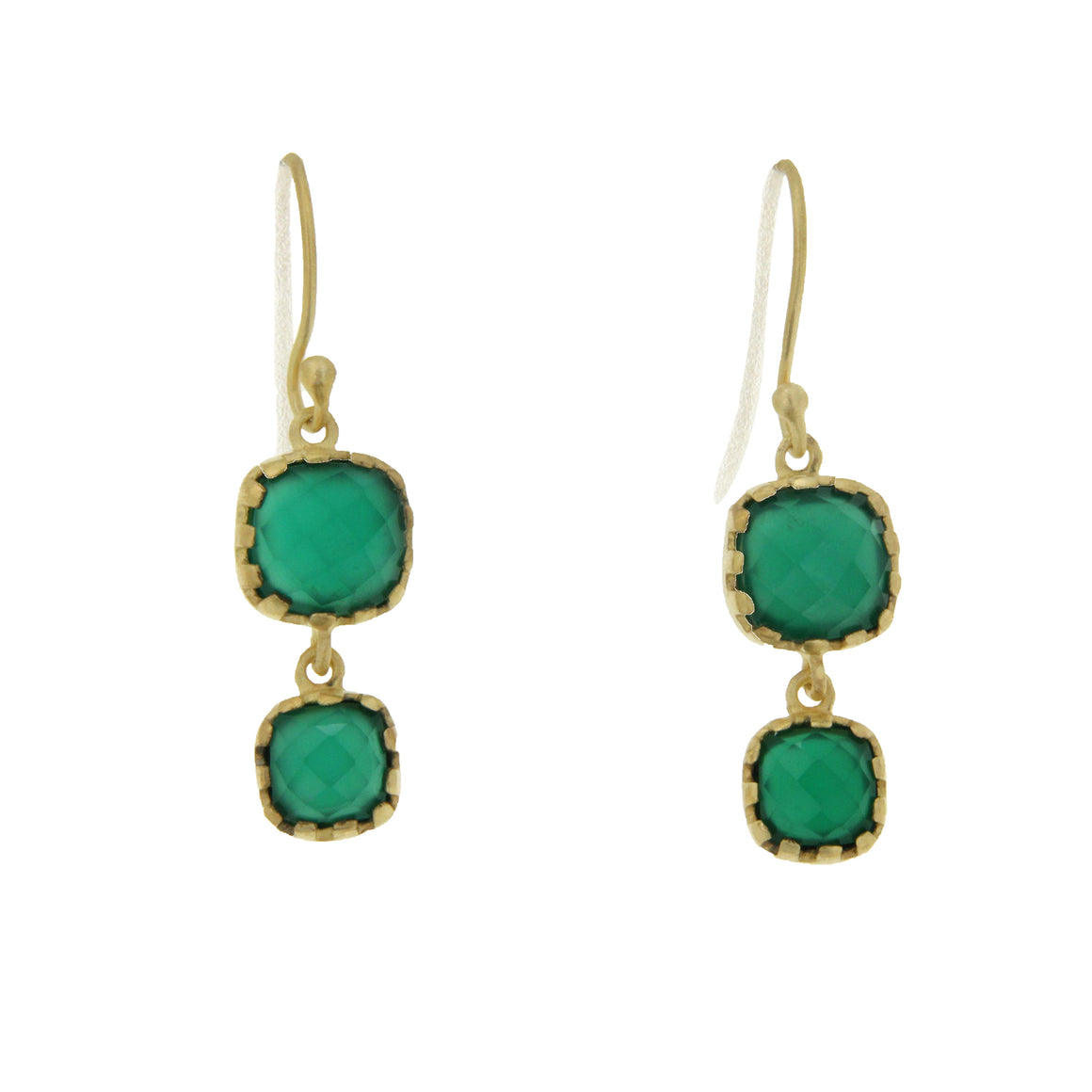 A two stone checkered cut Green Onyx on a hook. A dramatic artisan inspired dangling earring that reflects the vivid color of the stones. Set in 22 carat Vermeil over Sterling Silver.