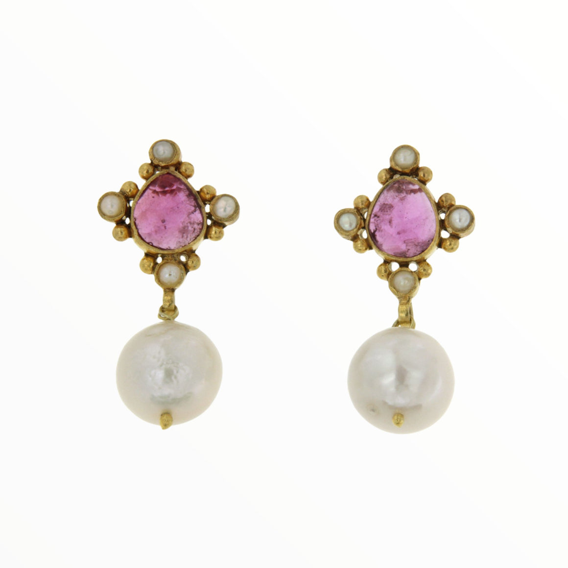 Ruby Flower Drop Earrings in Ruby and Pearls