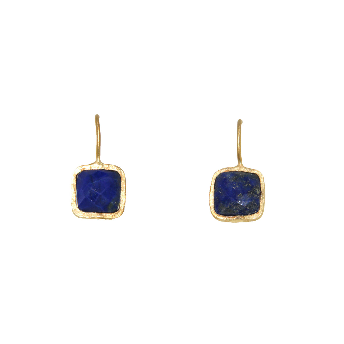 A checker cut faceted Lapis Earring set in 22 carat Vermeil over Sterling Silver. With a wire hook, the earring sits just below the ear lobe.