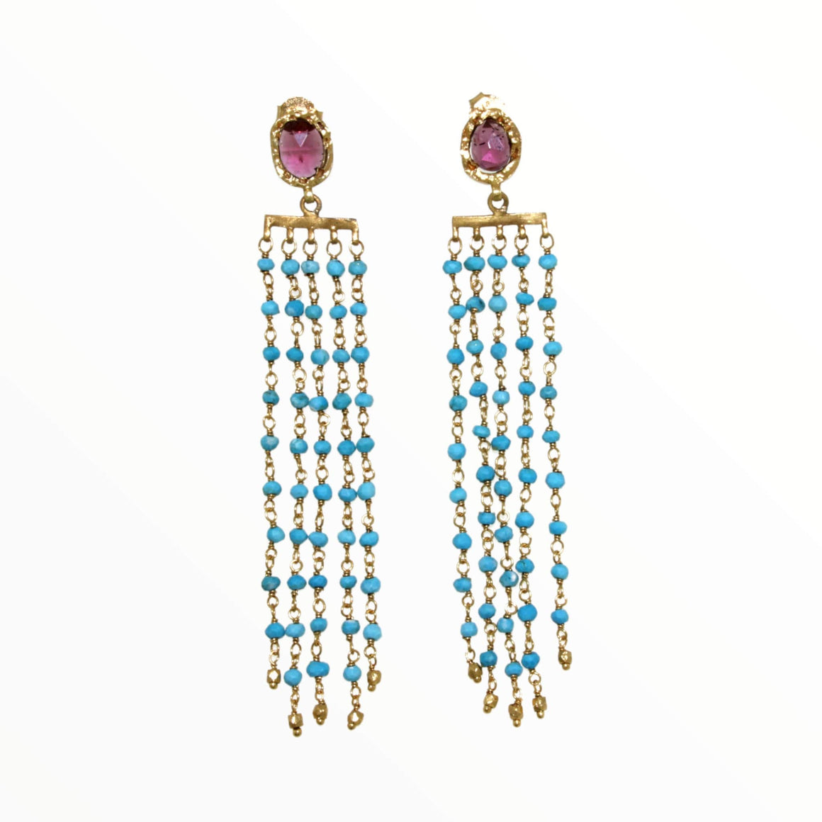 Peacock Tassel Earrings with Garnet and Turquoise